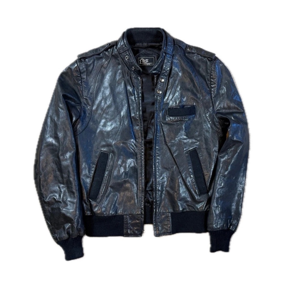 Eros Vintage Genuine Leather Bomber Jacket Size 40 Medium Black Zip Moto Biker